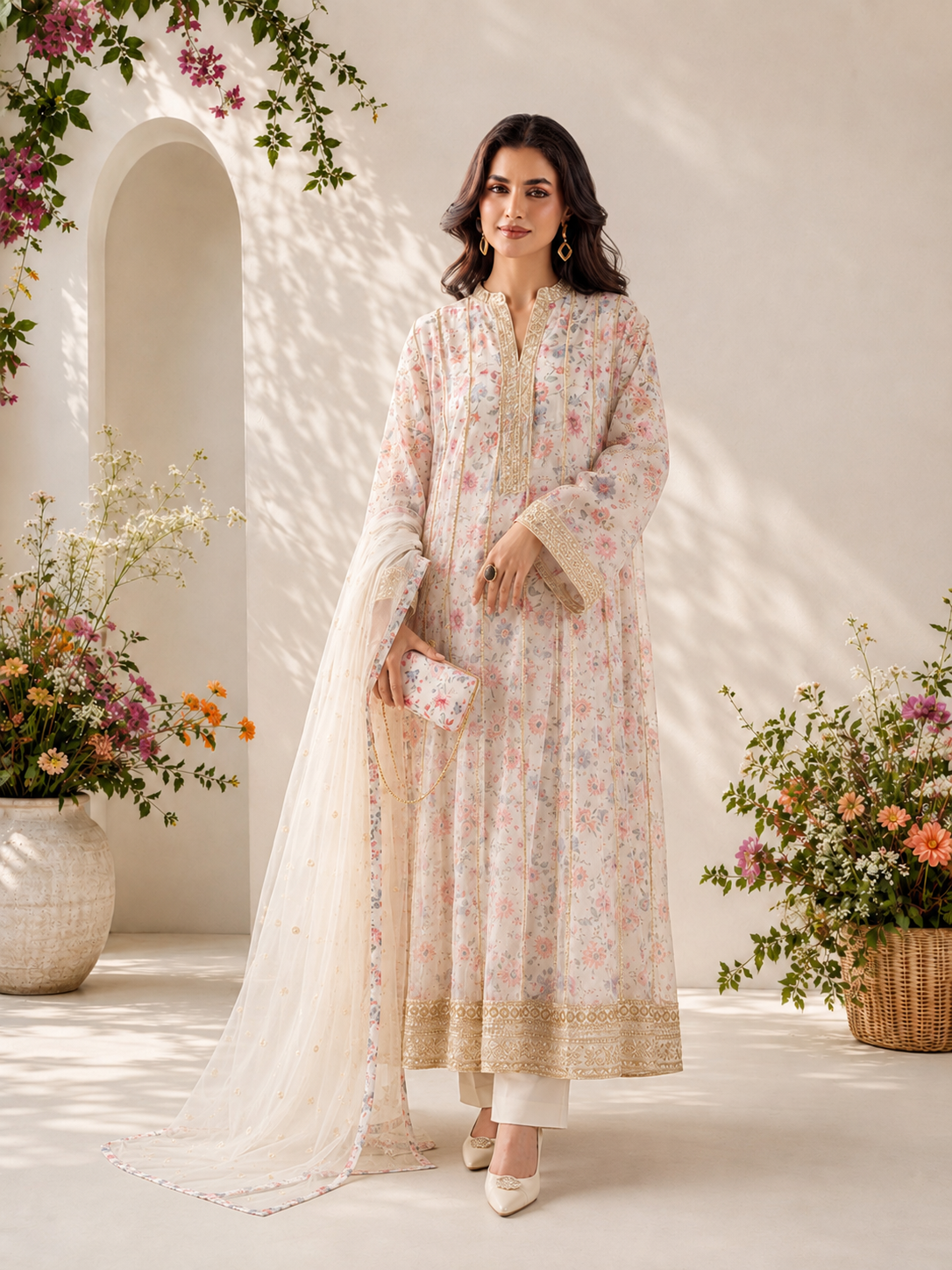 MOMINA "Bahaar Vol.2" Embroidered Net & Silk Suit with Clutch - Off-White