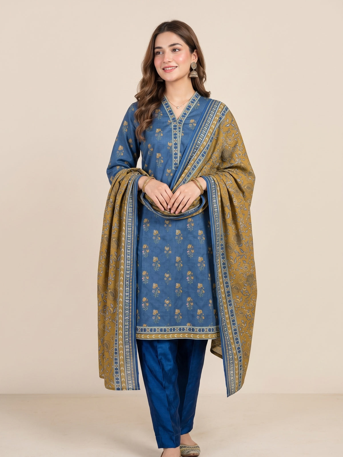 Tawakkal "Ghazal" Khaddar 3-Piece Suit D6271 - Blue & Mustard