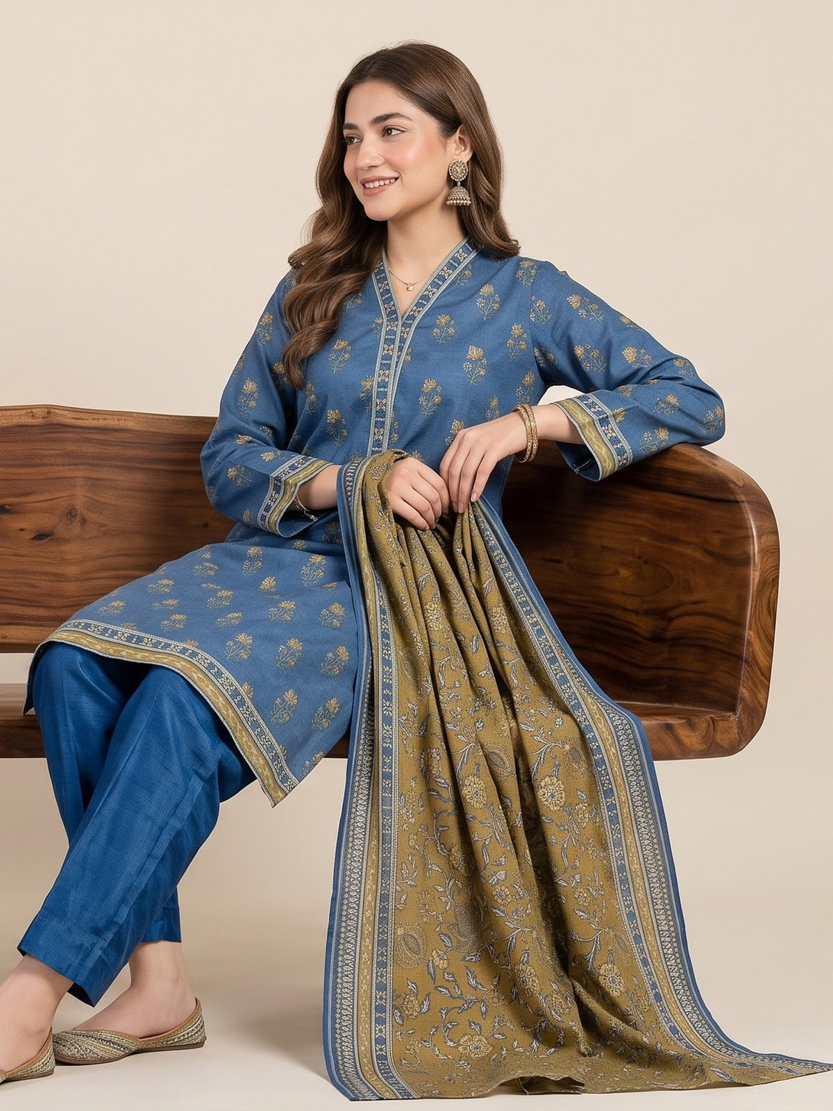 Tawakkal "Ghazal" Khaddar 3-Piece Suit D6271 - Blue & Mustard