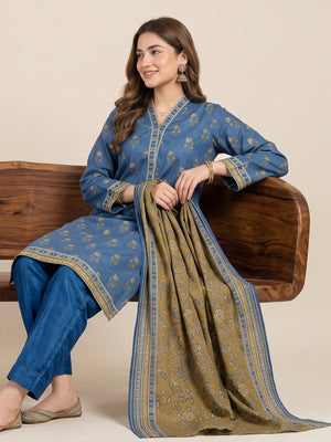 Tawakkal "Ghazal" Khaddar 3-Piece Suit D6271 - Blue & Mustard