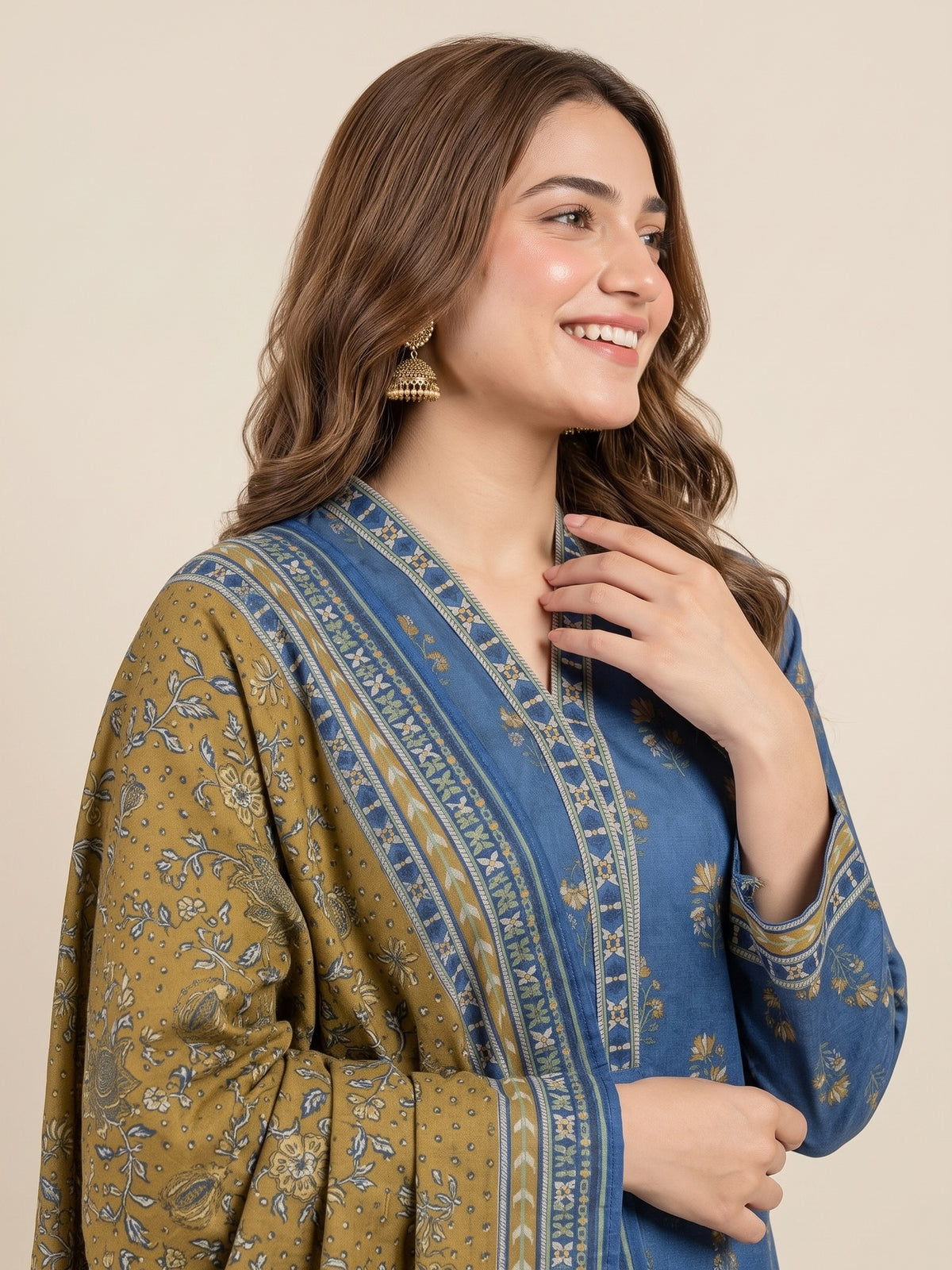 Tawakkal "Ghazal" Khaddar 3-Piece Suit D6271 - Blue & Mustard