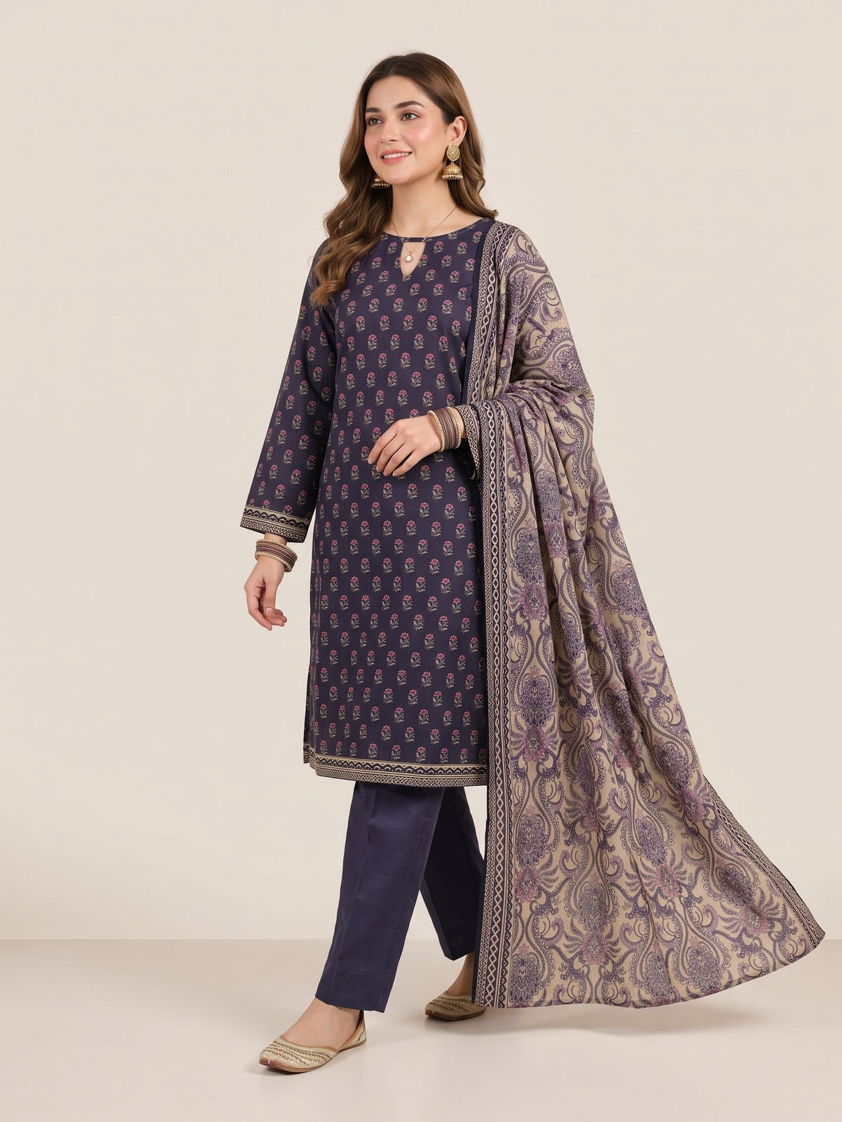 Tawakkal Jhoom Khaddar 3-Piece Suit D6144 Indigo - view 1