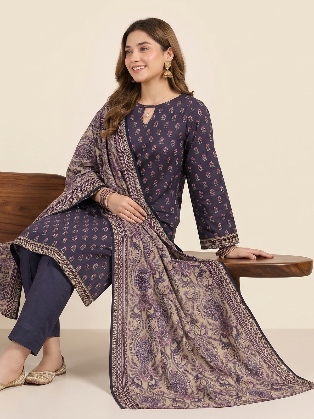 Tawakkal Jhoom Khaddar 3-Piece Suit D6144 Indigo - view 2