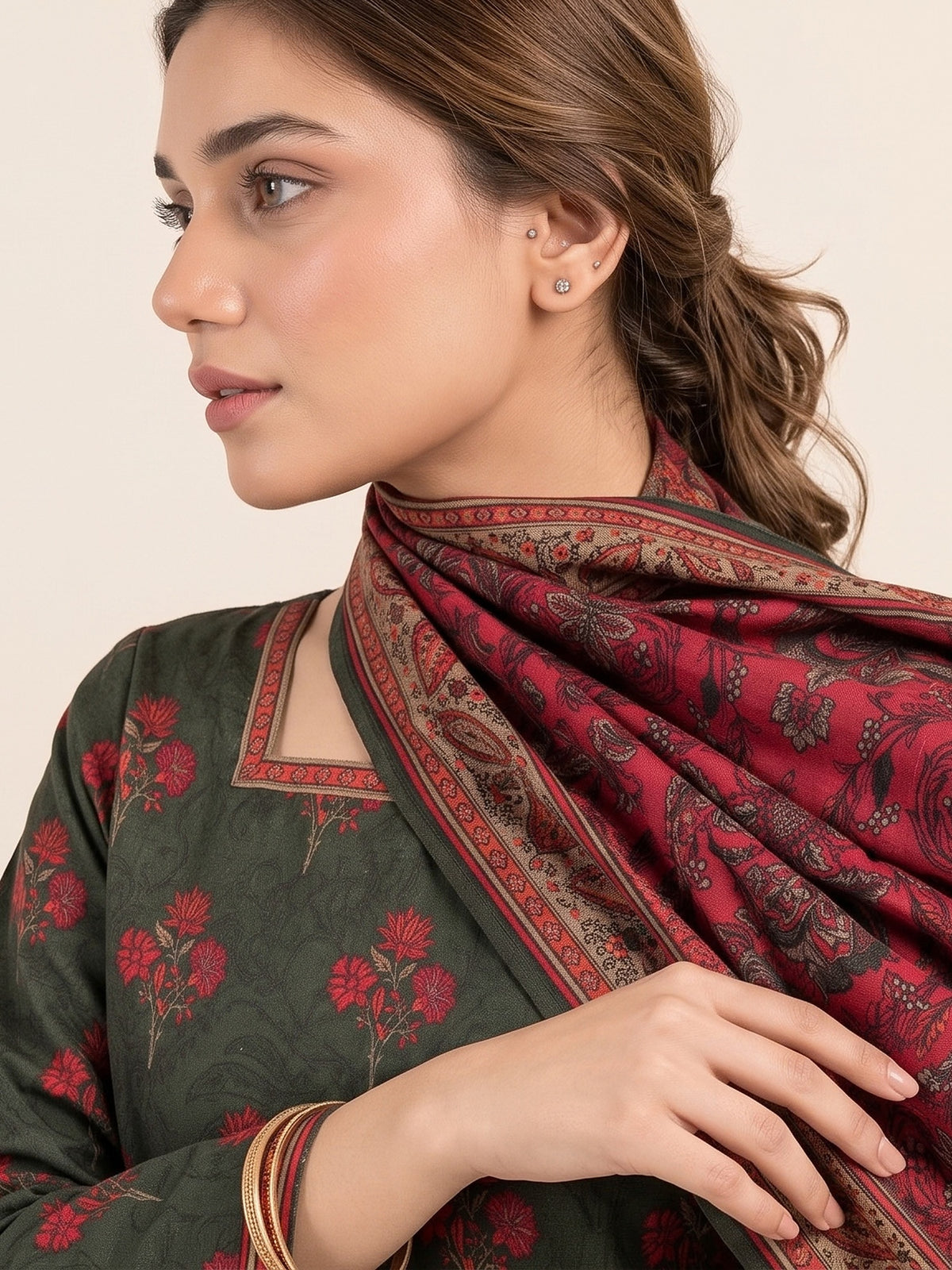 Tawakkal Jhoom Khaddar 3-Piece Suit D6269 Green & Red - view 3