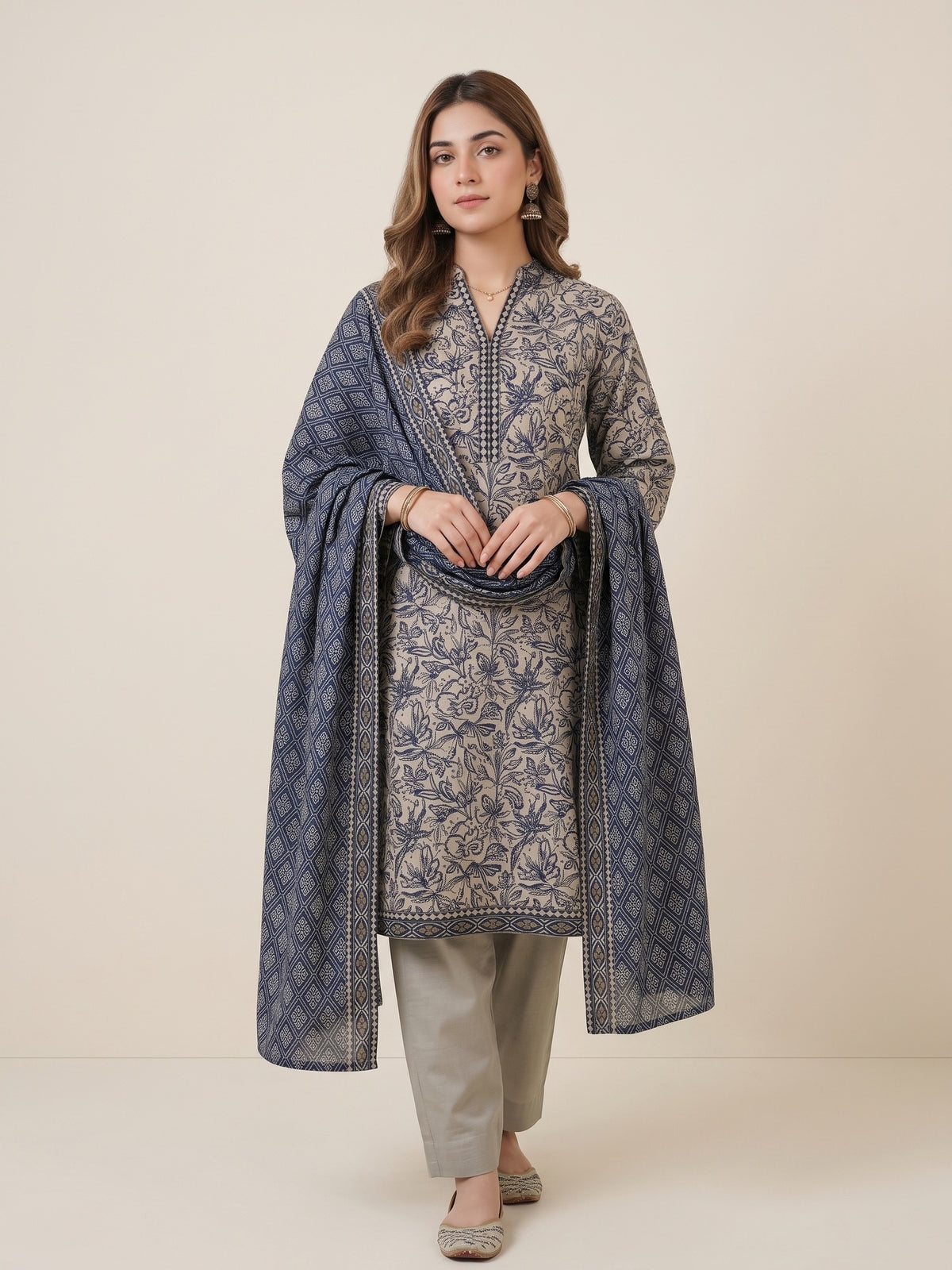 Tawakkal Jhoom Khaddar 3-Piece Suit D6285 Beige & Blue - view 1