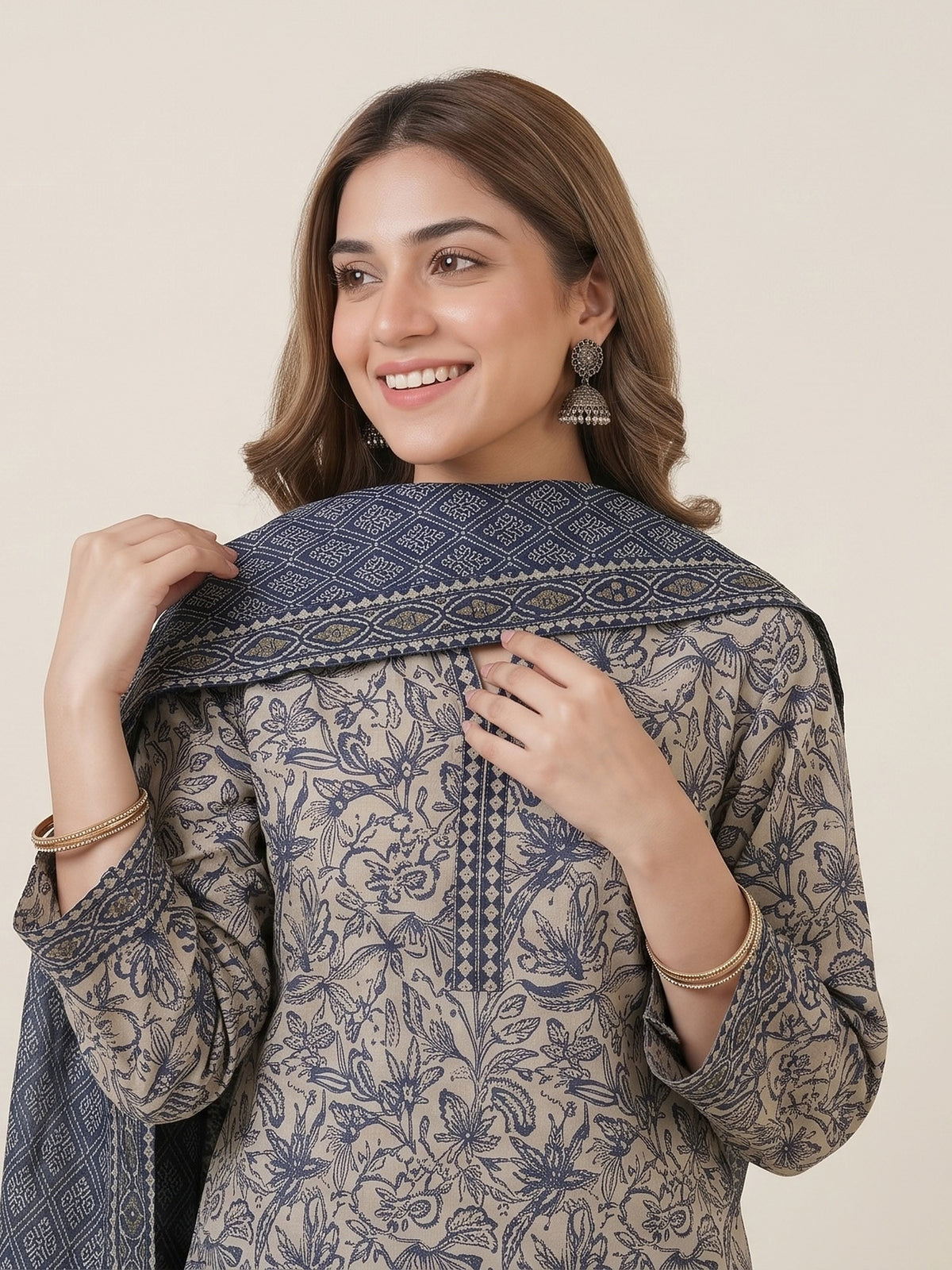 Tawakkal Jhoom Khaddar 3-Piece Suit D6285 Beige & Blue - view 3