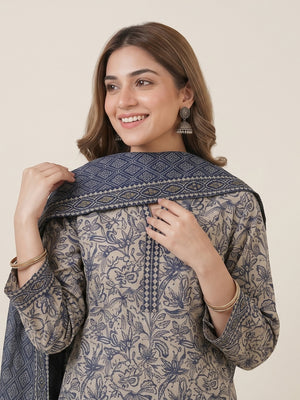 Tawakkal Jhoom Khaddar 3-Piece Suit D6285 Beige & Blue - view 3