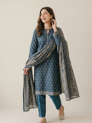 Tawakkal Jhoom Khaddar 3-Piece Suit D6289 Teal Blue - view 1