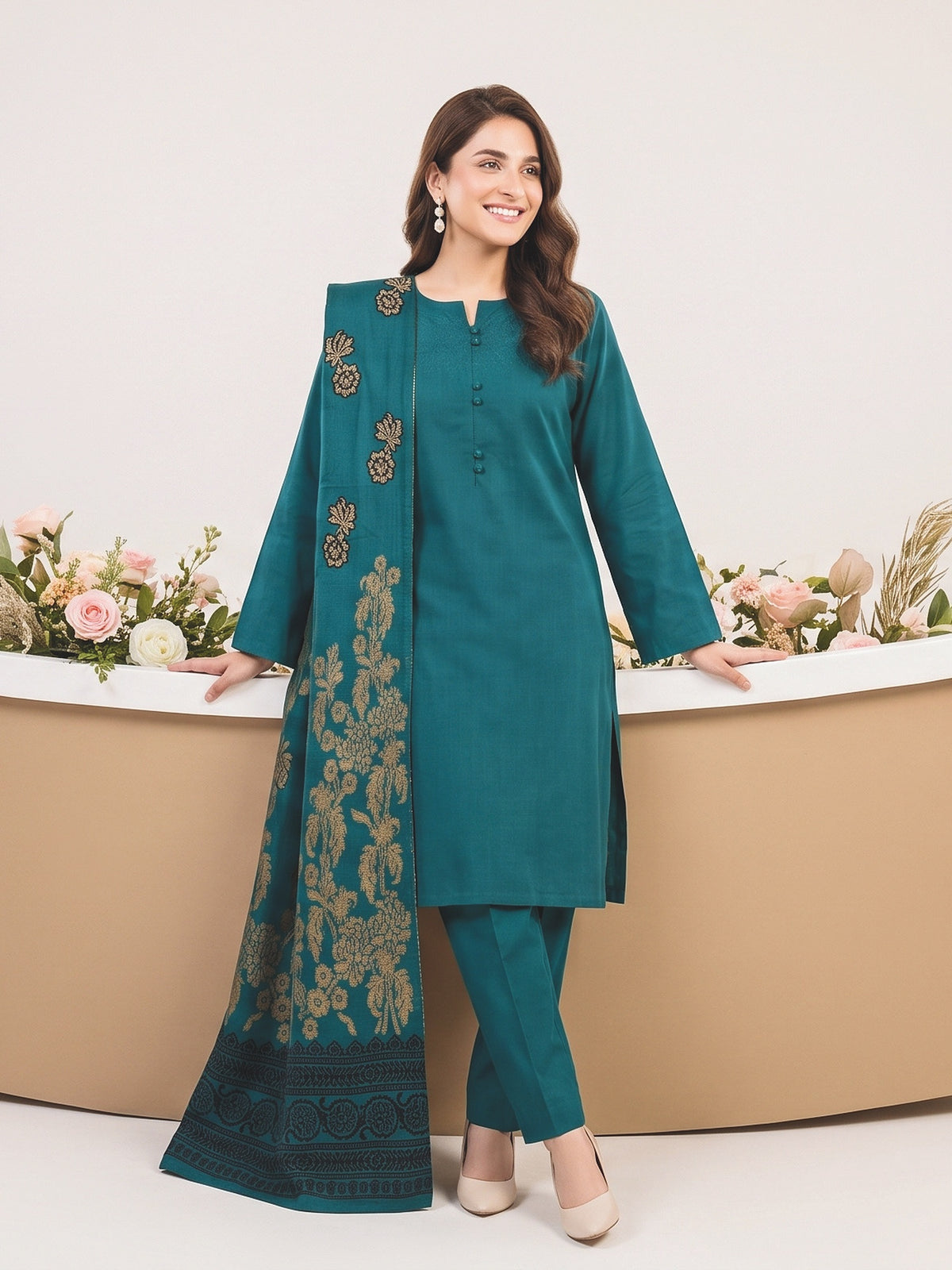 Tawakkal Julian Winter Leather-Peach Suit with Shawl D5901 Teal Green - full-length view
