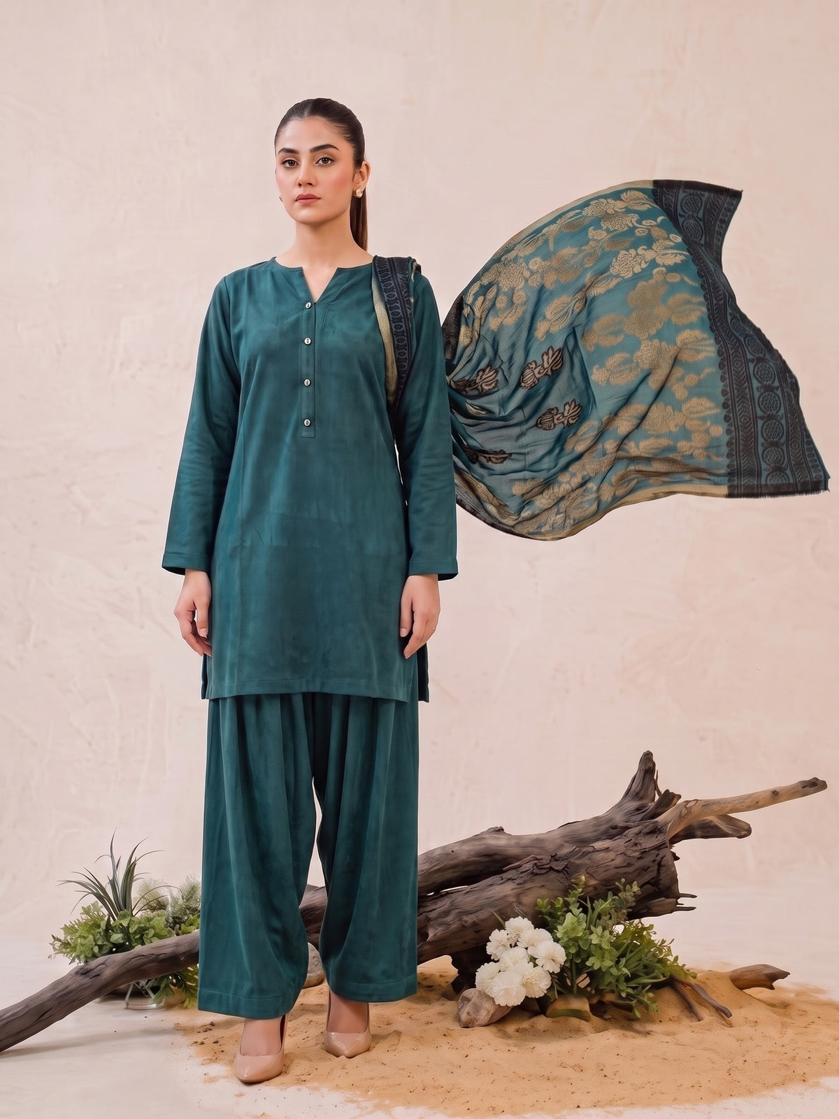 Tawakkal "Julian" Winter Leather-Peach Suit with Shawl (D5901) - Teal Green