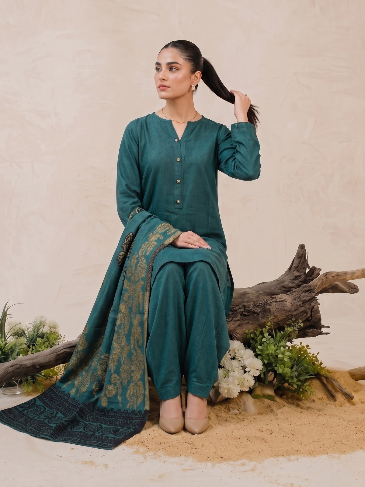 Tawakkal "Julian" Winter Leather-Peach Suit with Shawl (D5901) - Teal Green