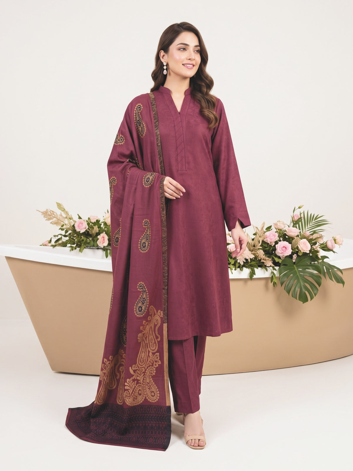 Tawakkal Julian Winter Leather-Peach Suit with Shawl D5903 Plum - front view