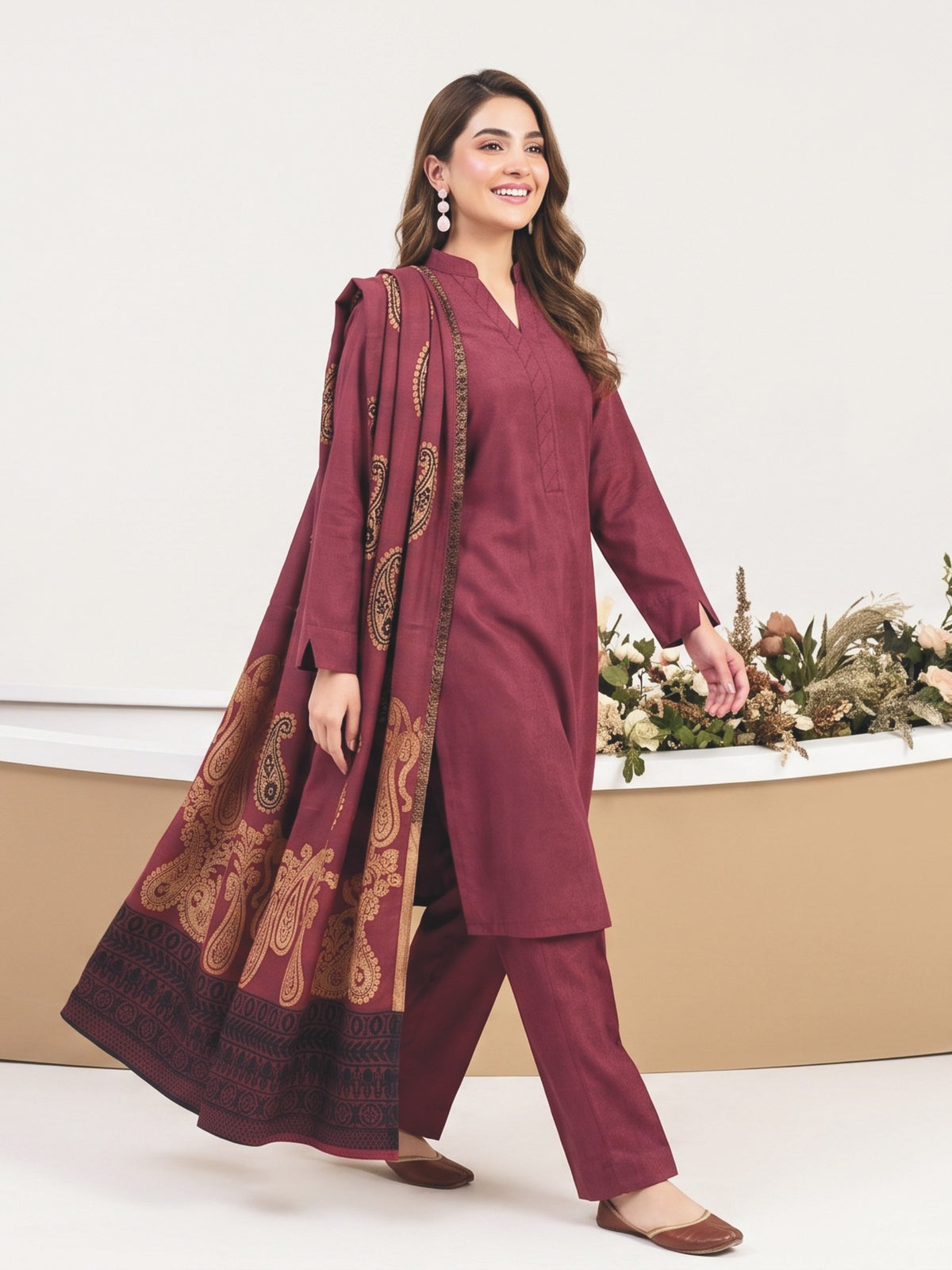 Tawakkal Julian Winter Leather-Peach Suit with Shawl D5903 Plum - full-length view