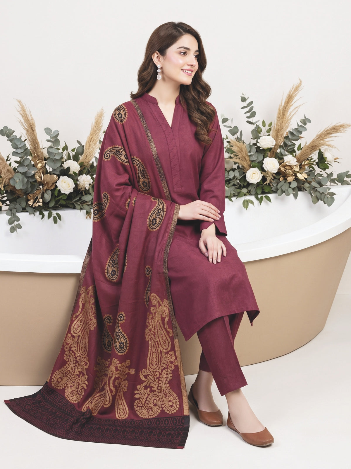 Tawakkal Julian Winter Leather-Peach Suit with Shawl D5903 Plum - alternate view