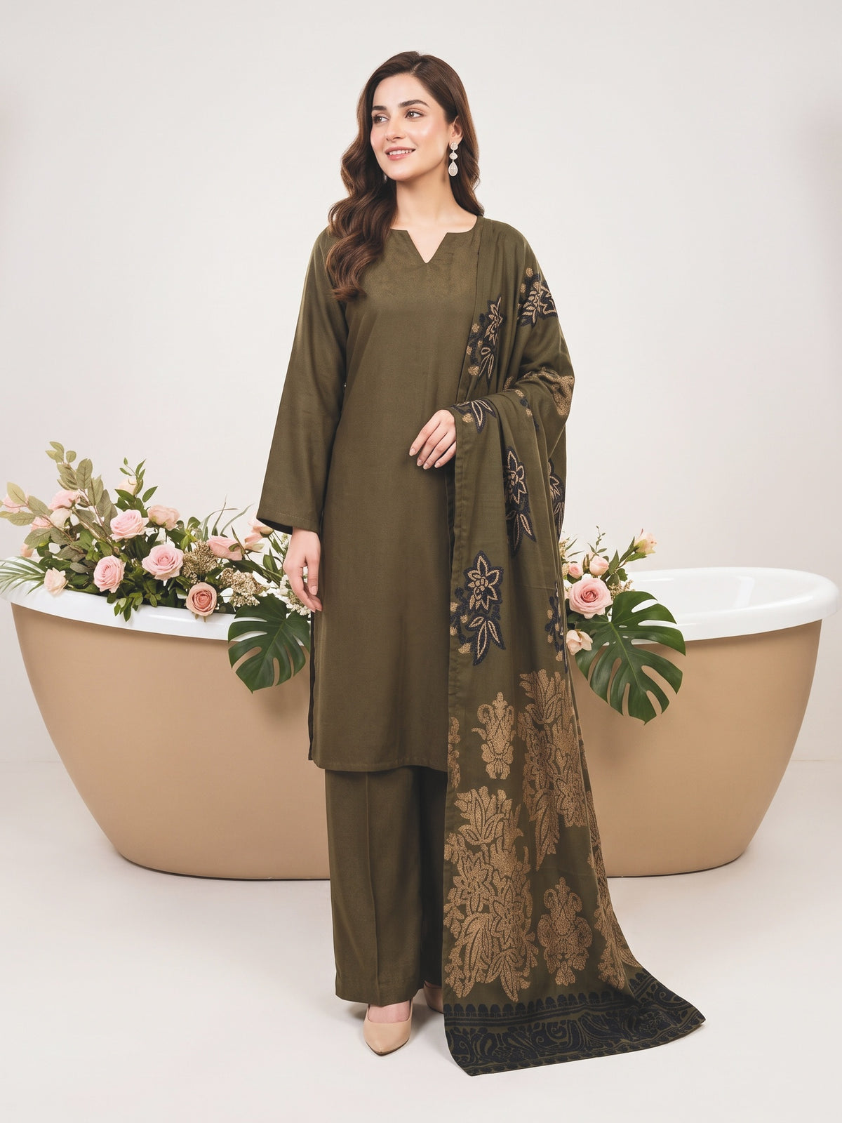 Tawakkal Julian Winter Leather-Peach Suit with Shawl D5904 Olive Green - front view