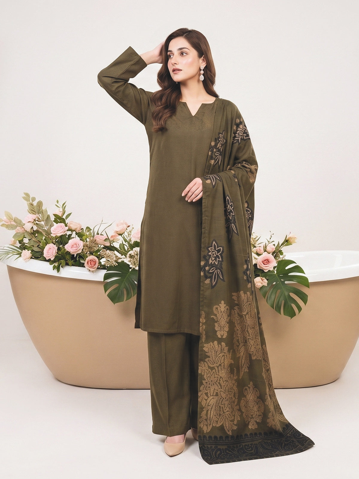 Tawakkal Julian Winter Leather-Peach Suit with Shawl D5904 Olive Green - full-length view