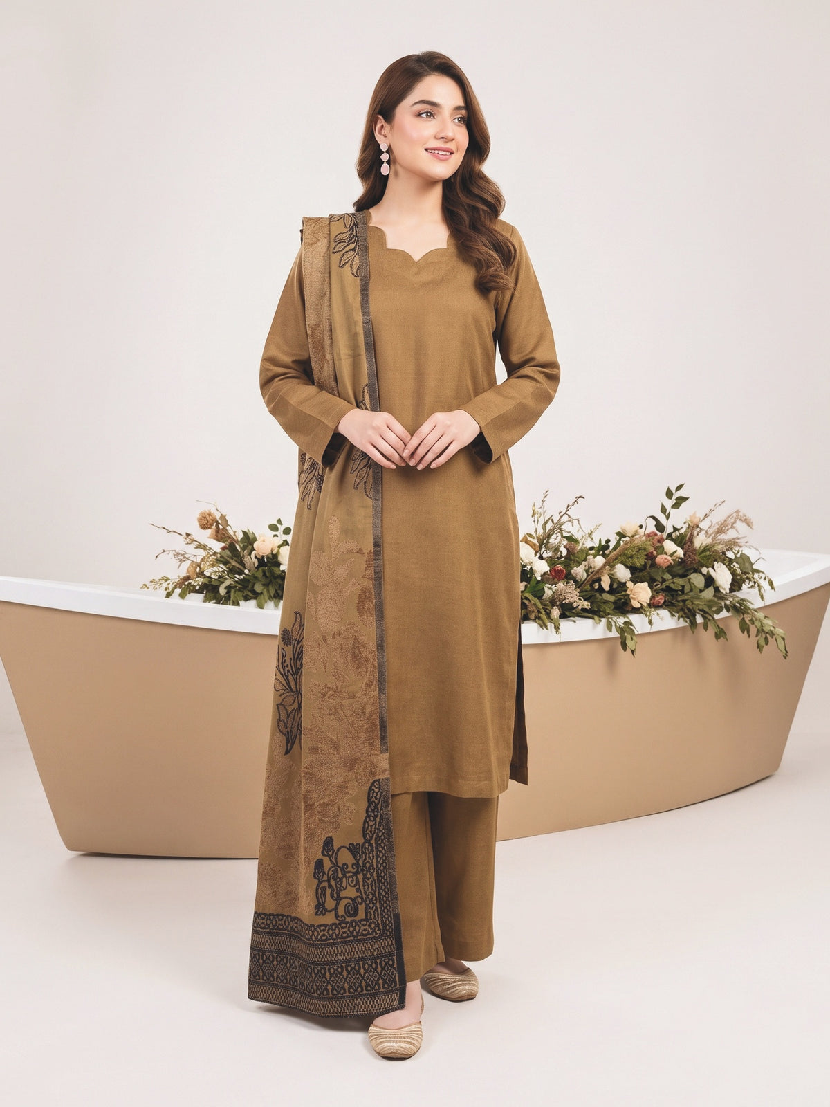 Tawakkal Julian Winter Leather-Peach Suit with Shawl D5906 Mustard - front view