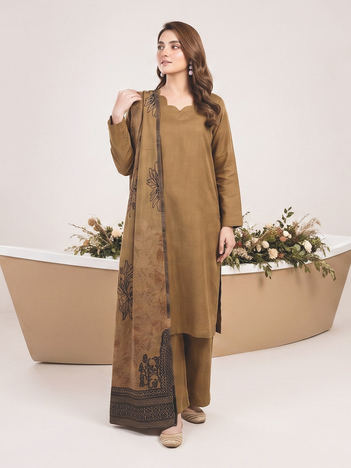 Tawakkal Julian Winter Leather-Peach Suit with Shawl D5906 Mustard - full-length view