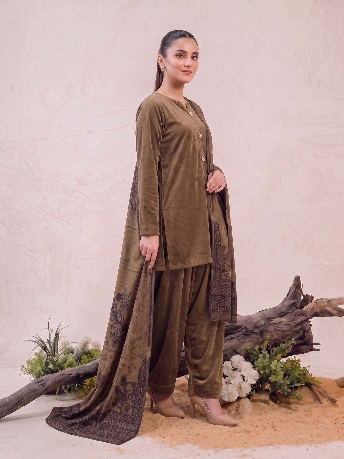 Tawakkal "Julian" Winter Leather-Peach Suit with Shawl (D5906) - Sand Brown
