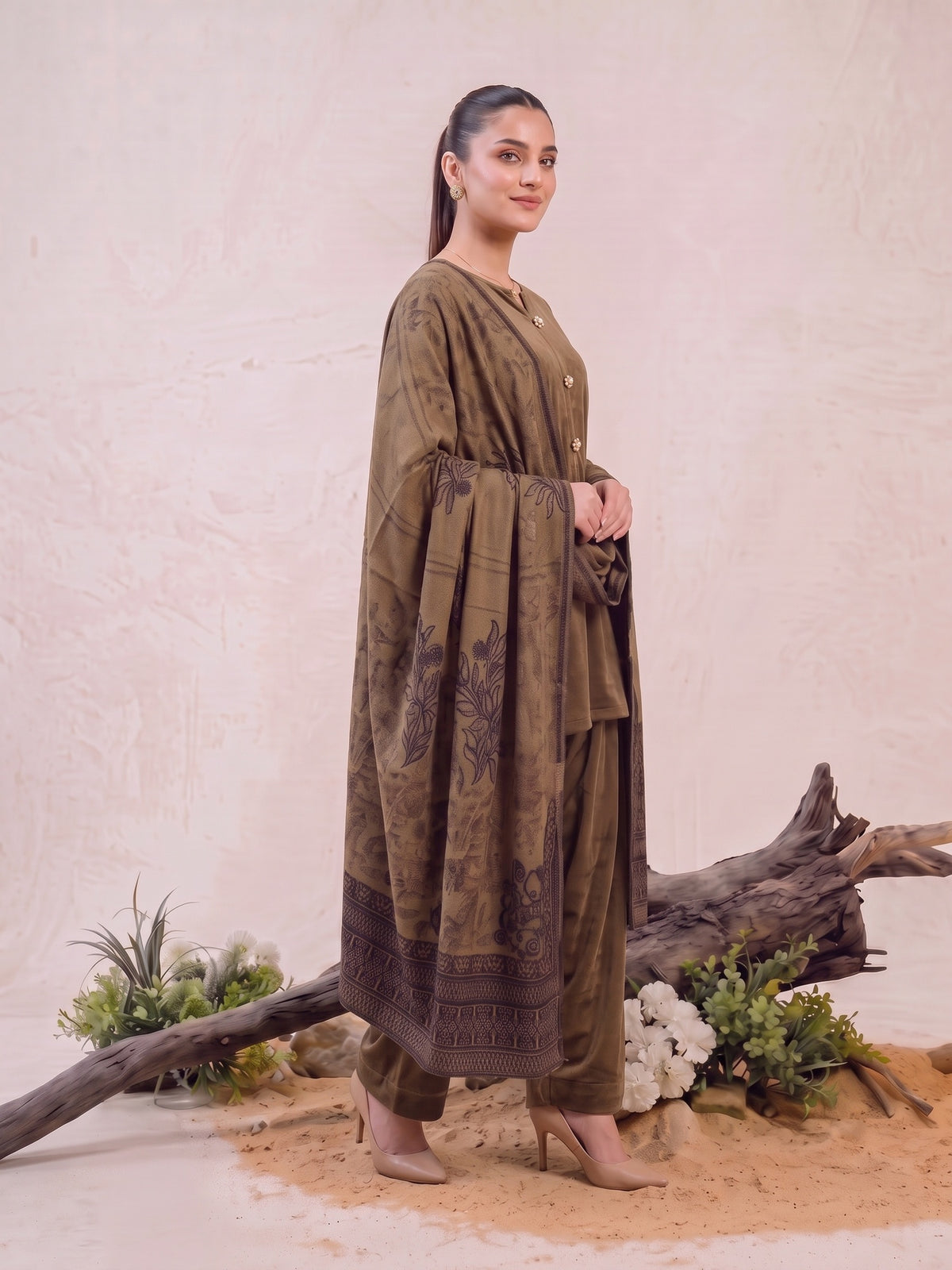 Tawakkal "Julian" Winter Leather-Peach Suit with Shawl (D5906) - Sand Brown