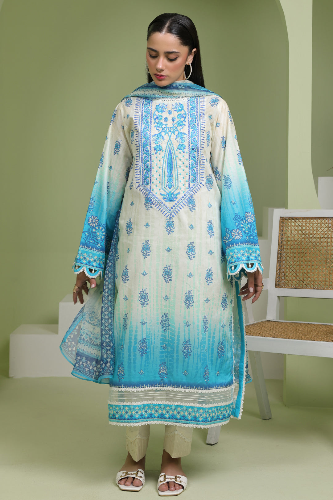Zellbury Unstitched Embroidered Lawn 2-Piece Suit - Turquoise