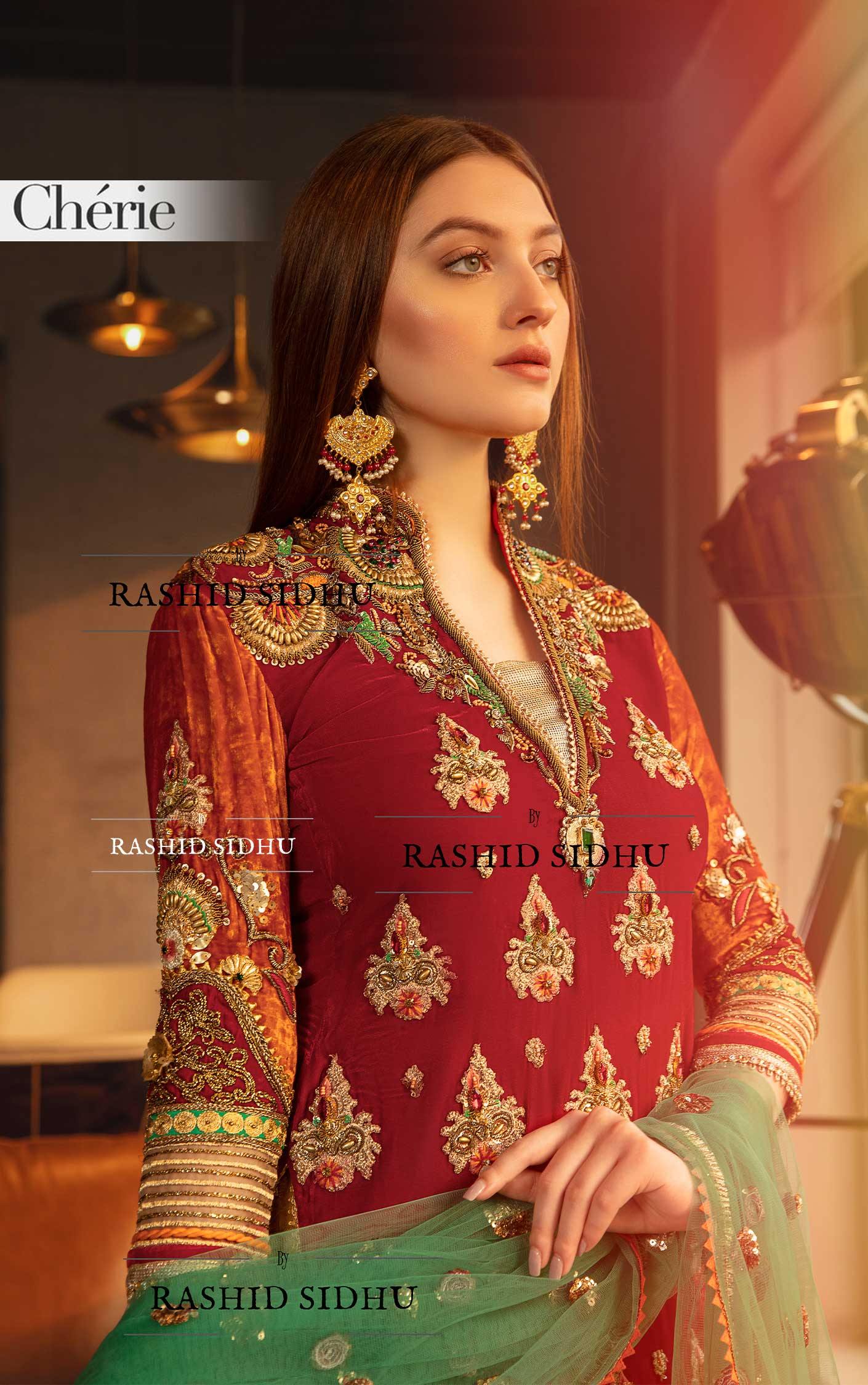 Khuda Baksh Red Chiffon Embroidered Palazzo 3-Piece Suit