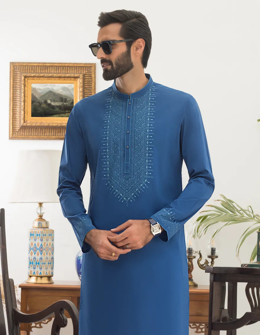 J. Mens Blue Lawn Semi-Formal 2-Piece Kurta + Trouser