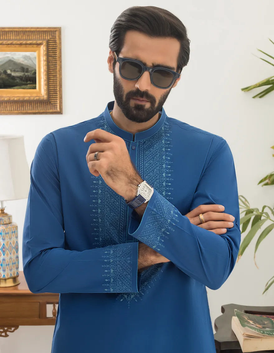 J. Mens Blue Lawn Semi-Formal 2-Piece Kurta + Trouser