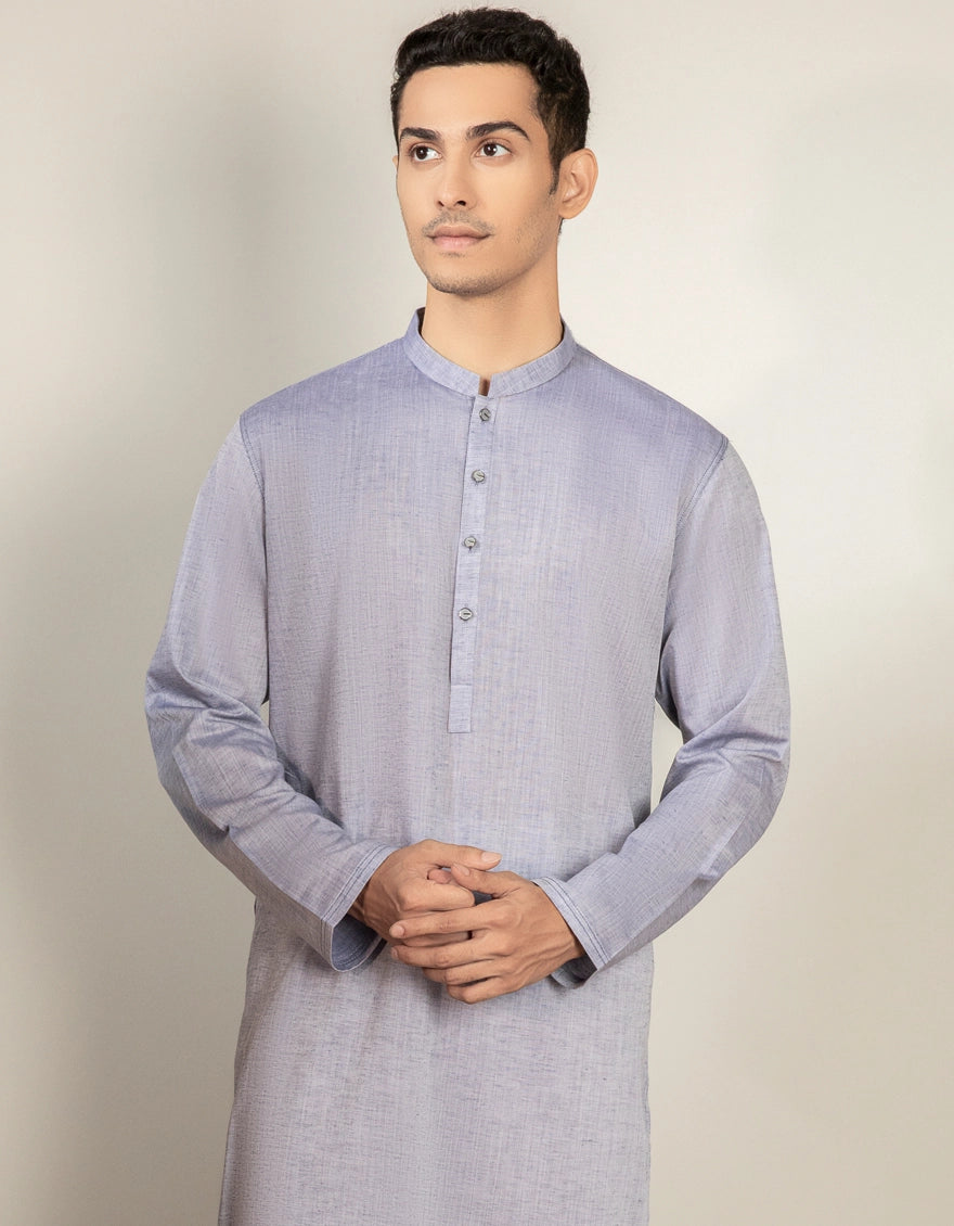 J. Mens Light Blue Cotton Casual Plain 2-Piece Kurta + Trouser
