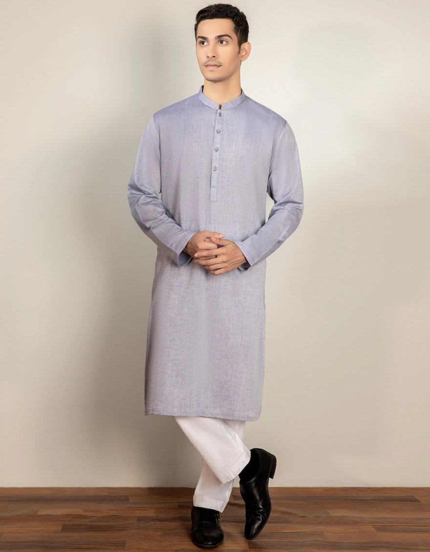 J. Mens Light Blue Cotton Casual Plain 2-Piece Kurta + Trouser