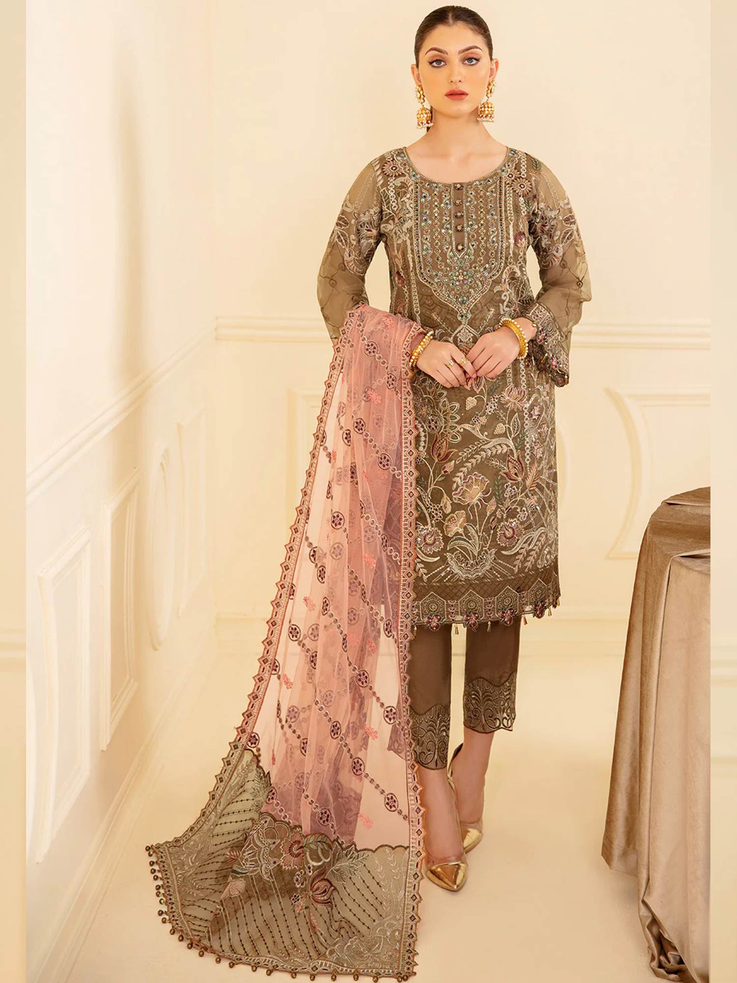 Ramsha "Minhal" Luxury Embroidered Suit - Brown