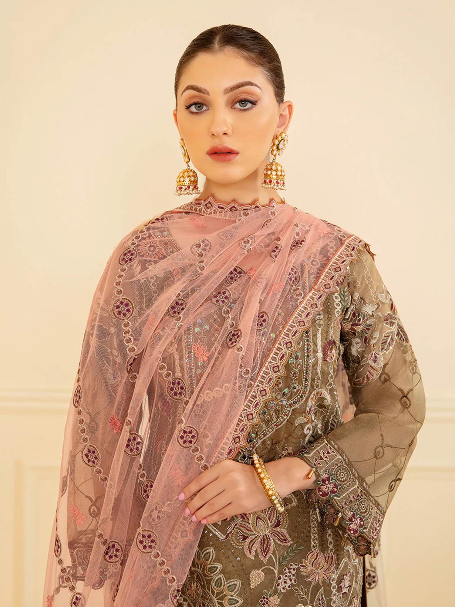 Ramsha "Minhal" Luxury Embroidered Suit - Brown