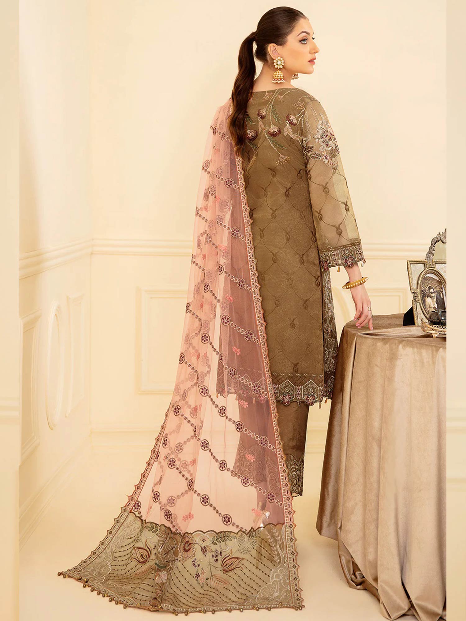 Ramsha "Minhal" Luxury Embroidered Suit - Brown