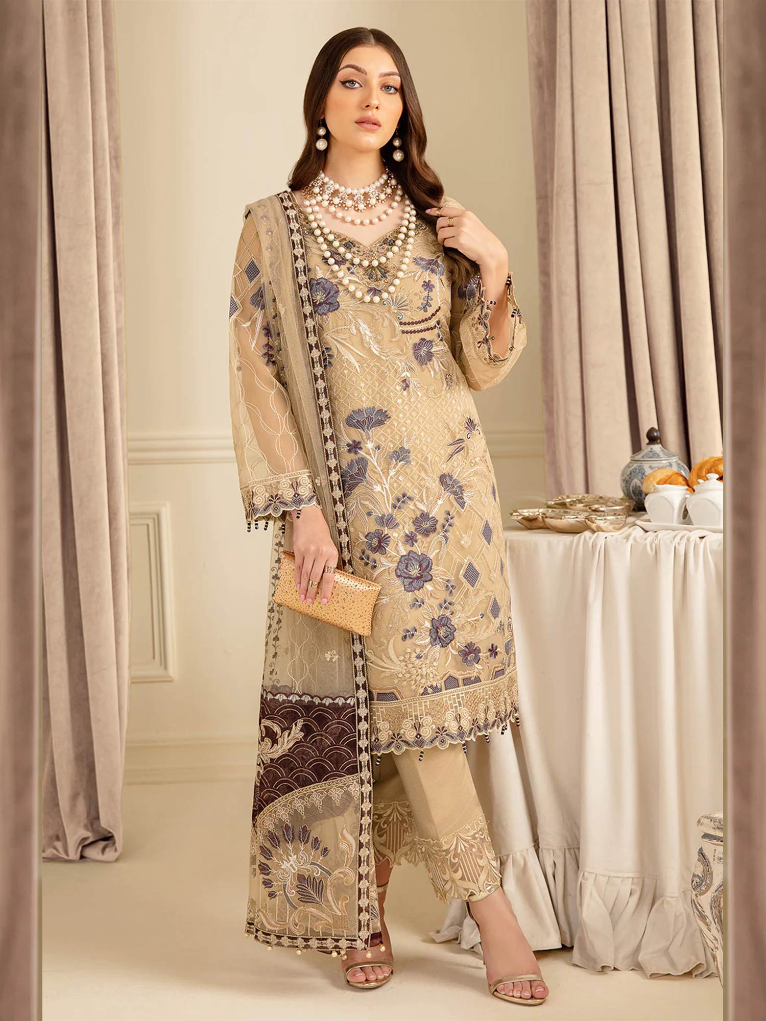 Ramsha "Minhal" Luxury Embroidered Suit - Beige