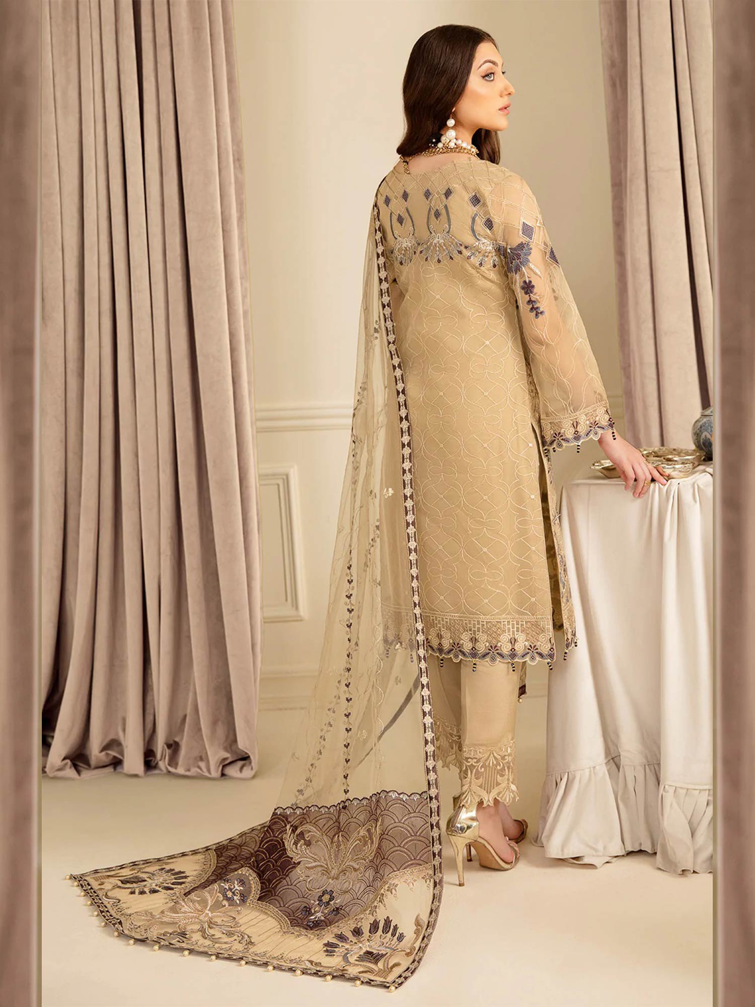 Ramsha "Minhal" Luxury Embroidered Suit - Beige