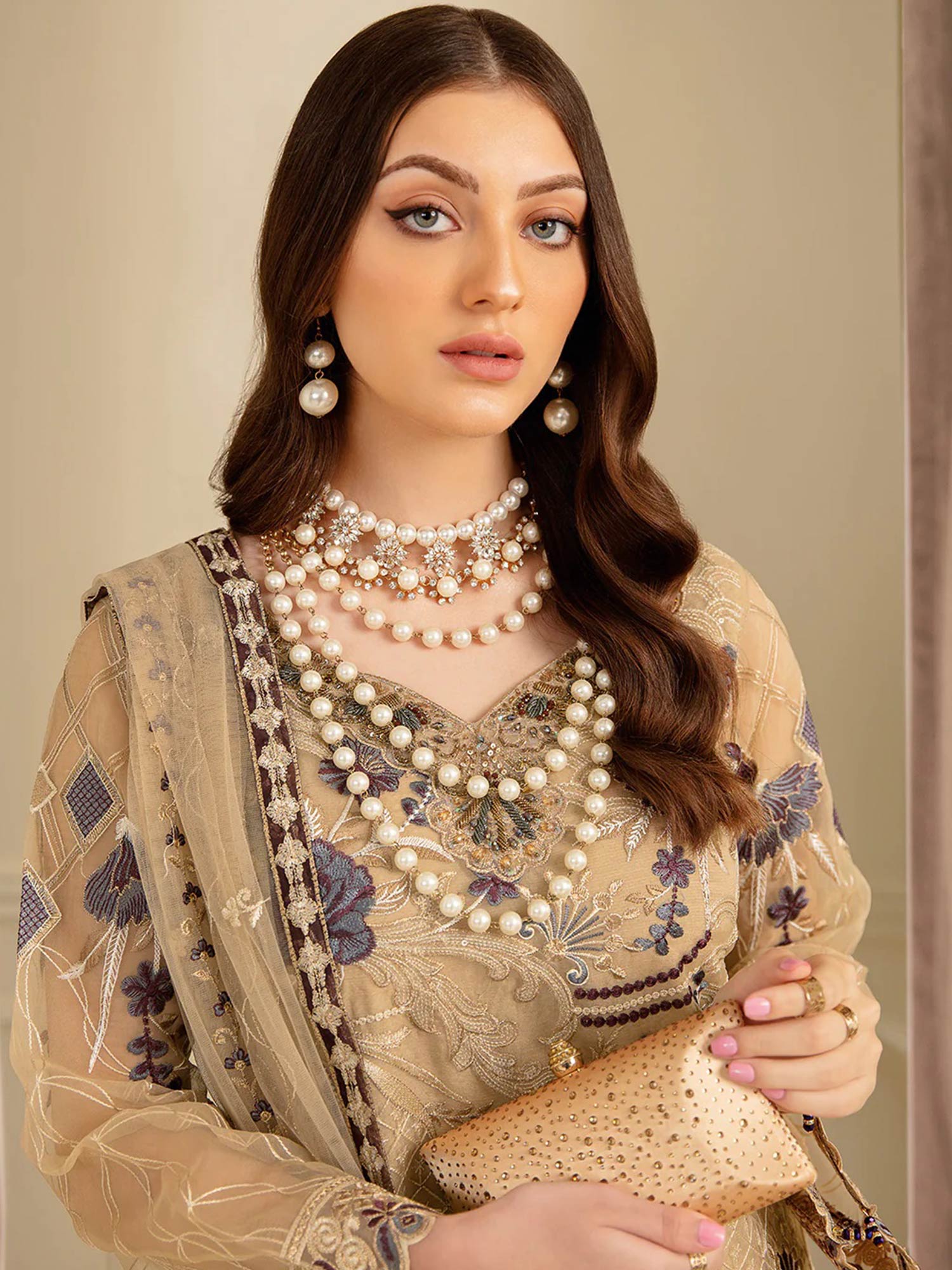 Ramsha "Minhal" Luxury Embroidered Suit - Beige