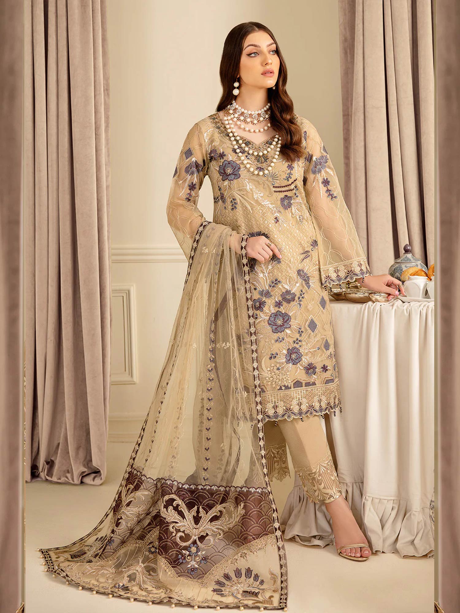 Ramsha "Minhal" Luxury Embroidered Suit - Beige