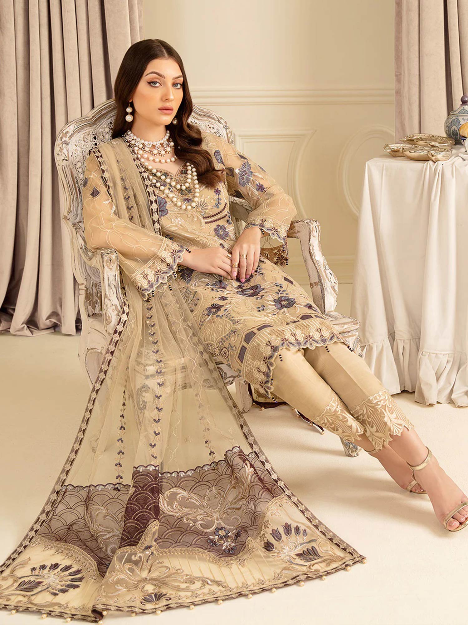 Ramsha "Minhal" Luxury Embroidered Suit - Beige